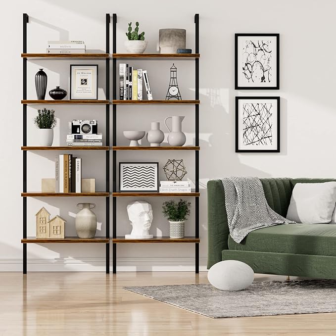 NUMENN 5 Tier Book Shelf, Industrial Ladder Shelf, Open Space Wall Mount Bookshelf with Metal Frame, Sturdy Book Shelves, Bookcase for Living Room, Home Office Shelf, Vintage Brown - LeafyLoom