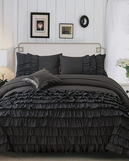 A Nice Night Waterfall Flutter Ruffle Comforter Sets,Ruffled Textured Chic Princess 6pcs Bedding Set,with Bling Shiny Sequin Throw Pillow Case,Black,Full - LeafyLoom
