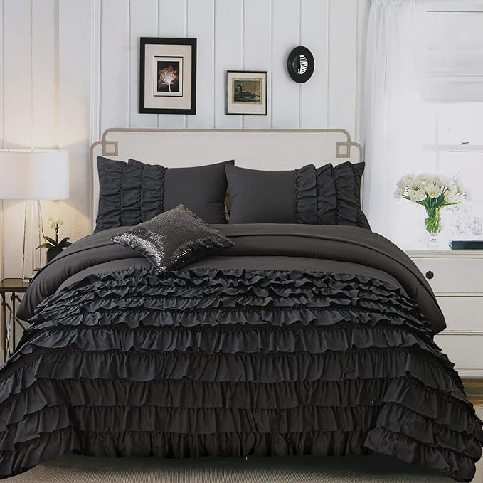A Nice Night Waterfall Flutter Ruffle Comforter Sets,Ruffled Textured Chic Princess 6pcs Bedding Set,with Bling Shiny Sequin Throw Pillow Case,Black,Twin - LeafyLoom