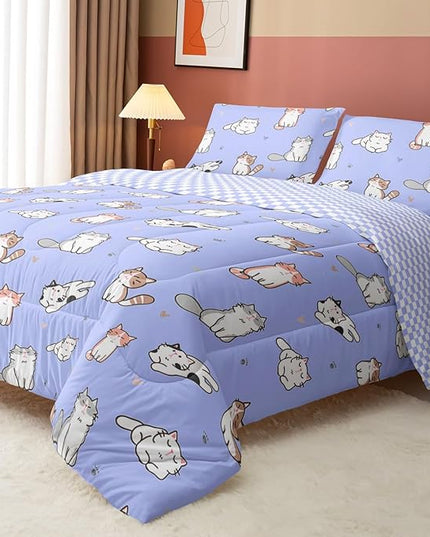 Datura home Purple Kawaii Cat Comforter Bedding Set for Girls Kitten Purple Print Cute Animal Pattern Bedding Set with 1 Comforter and 2 Pillowcases for Girls Bedroom All Season(Cat Purple Full) - LeafyLoom