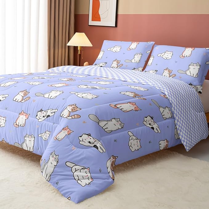 Datura home Purple Kawaii Cat Comforter Bedding Set for Girls Kitten Purple Print Cute Animal Pattern with 1 and 2 Pillowcases Bedroom All Season(Cat Purple Twin), Twin 68x86inches - LeafyLoom