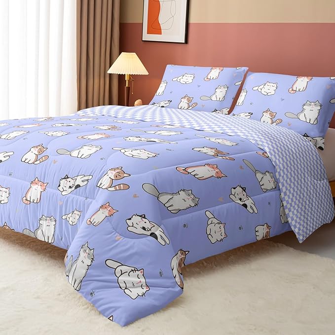 Datura home Purple Kawaii Cat Comforter Bedding Set for Girls Kitten Purple Print Cute Animal Pattern Bedding Set with 1 Comforter and 2 Pillowcases for Girls Bedroom All Season(Cat Purple Queen) - LeafyLoom