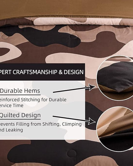 Meeting Story Camouflage Bedding Set, Colorful Pattern Style Comforter Set, 5 PCS One Comforter Two Pillowcases Two Sheets in One Bag, All Season Bedspread for Teens Adults (Coffee, Twin 5Pcs) - LeafyLoom