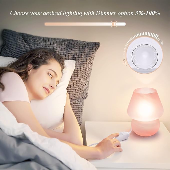Mushroom Table Lamps for Bedroom Set of 2 Nightstand Light Pink, Small Glass Nightlight Stepless Dimmable Desk Lamp for Dining, Living, Nursery, Vanity, Home Decor, Gift for Girls Women - LeafyLoom