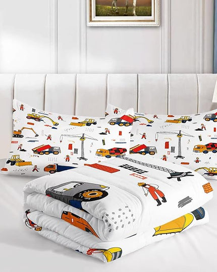 CVHOUSE Tractor Bedding Sets for Boys,Excavators Comforter Full,Boys Cartoon Truck Comforter Set,Trucks Tractors Cars Quilt Set with 1 Comforter and 2 Pillow Cases- 3 Piece - LeafyLoom