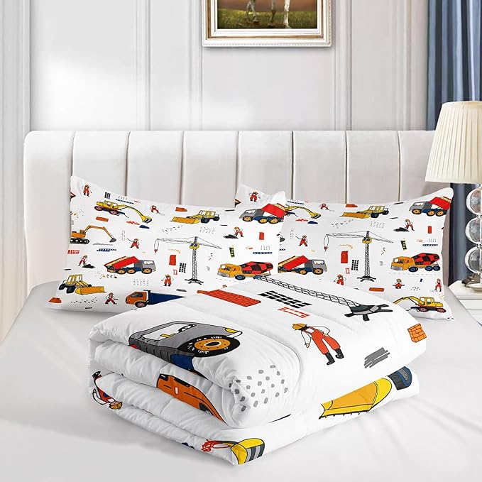 CVHOUSE Tractor Bedding Sets for Boys,Excavators Comforter Twin,Boys Cartoon Truck Comforter Set,Trucks Tractors Cars Quilt Set with 1 Comforter and 2 Pillow Cases- 3 Piece - LeafyLoom