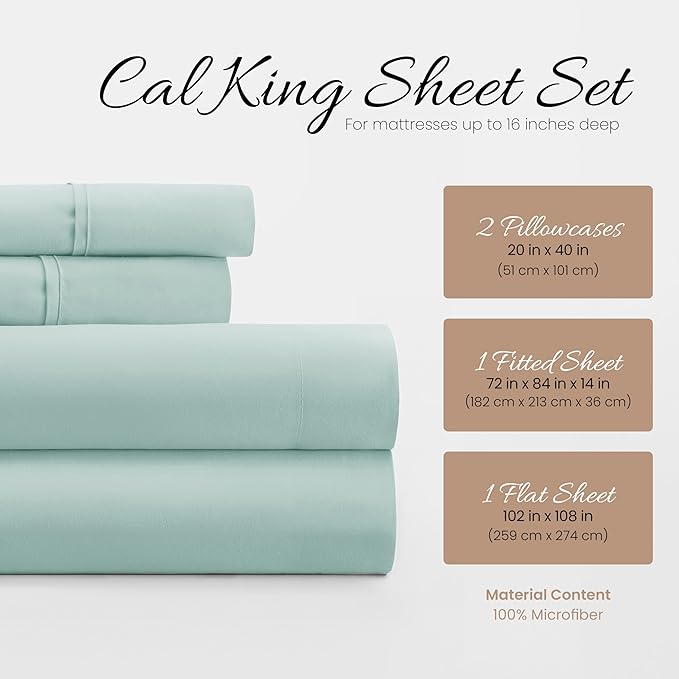 Linen Market Bed Sheets for California King Size Bed (Aqua) - Sleep Better Than Ever with These Soft and Cooling California King Sheets - Deep Pocket Fits 16" Thick Beds - 4 Piece Cal King Sheet Set - LeafyLoom