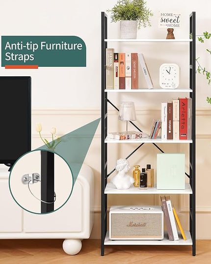 Yoobure 5 Tier Bookshelf - Tall Book Shelf Modern Bookcase for CDs/Movies/Books, Rustic Book Case Industrial Bookshelves Book Storage Organizer for Bedroom Home Office Living Room White - LeafyLoom