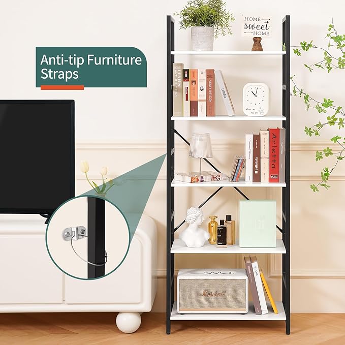 Yoobure 5 Tier Bookshelf - Tall Book Shelf Modern Bookcase for CDs/Movies/Books, Rustic Book Case Industrial Bookshelves Book Storage Organizer for Bedroom Home Office Living Room White - LeafyLoom