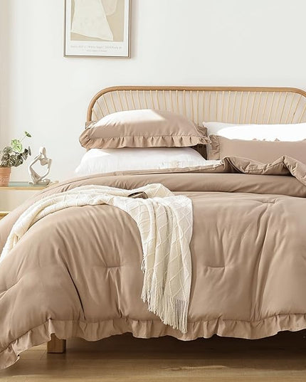 JANZAA Queen Ruffled Comforter Set 3PCS (1 Taupe Comforter Set and 2 Pillowcases) Vintage Farmhouse Shabby Chic Bedding Soft Fluffy Comforter Set All Season - LeafyLoom