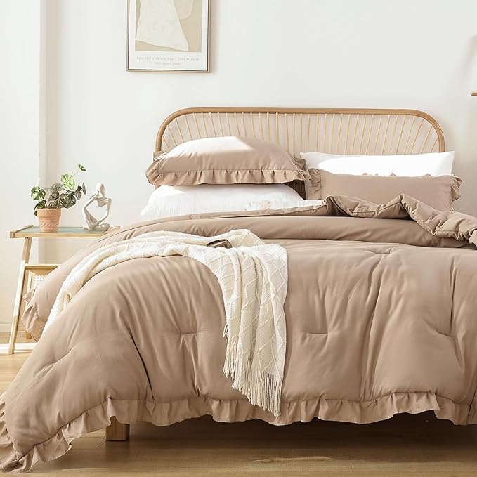 JANZAA Queen Ruffled Comforter Set 3PCS (1 Taupe Comforter Set and 2 Pillowcases) Vintage Farmhouse Shabby Chic Bedding Soft Fluffy Comforter Set All Season - LeafyLoom
