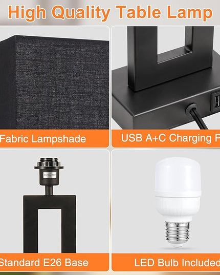 22" Tall Living Room Lamps for Night Stands - Touch Bedside Lamp with USB C+A, 3 Way Dimmable bedroom Lamps for End Tables Set of 2, Modern Night Stand Lamps for Bed Side(Black&Black) - LeafyLoom