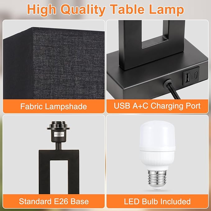 22" Tall Living Room Lamps for Night Stands - Touch Bedside Lamp with USB C+A, 3 Way Dimmable bedroom Lamps for End Tables Set of 2, Modern Night Stand Lamps for Bed Side(Black&Black) - LeafyLoom