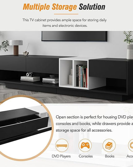 Merax Sleek and Stylish TV Stand with Perfect Storage Solution, Two-Tone Media Console for Television Up to 80'', Functional Cabinet with Versatile Compartment for Living Room, Black - LeafyLoom