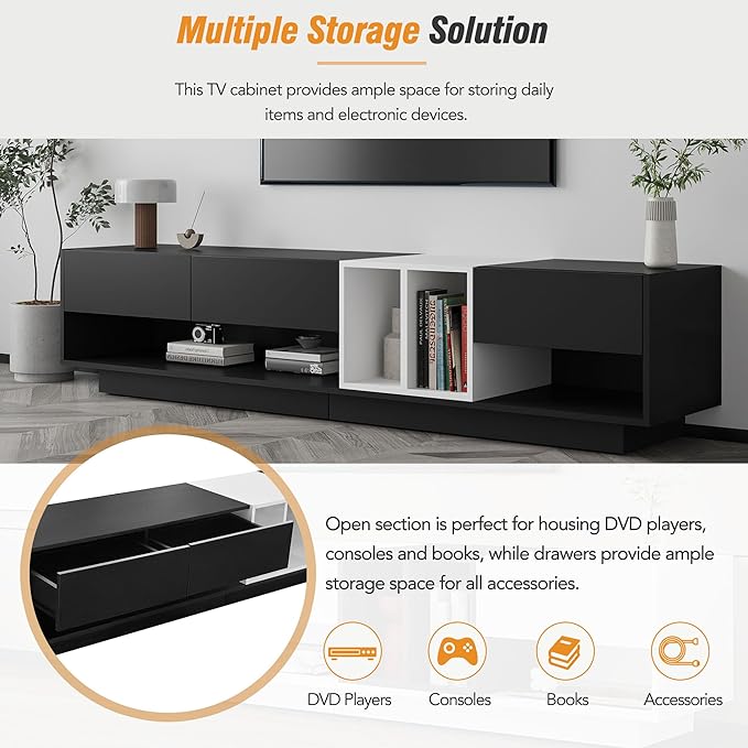 Merax Sleek and Stylish TV Stand with Perfect Storage Solution, Two-Tone Media Console for Television Up to 80'', Functional Cabinet with Versatile Compartment for Living Room, Black - LeafyLoom