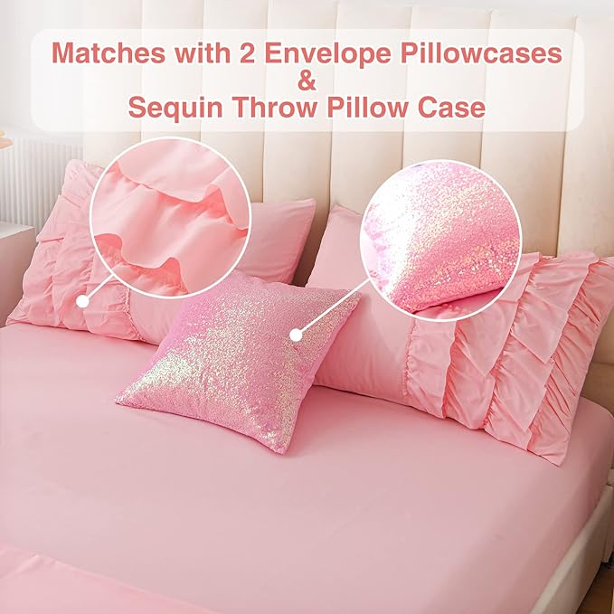 A Nice Night Waterfall Flutter Ruffle Comforter Set,Ruffled Textured Soft Chic Princess 6pcs Bedding Set,with Bling Shiny Sequin Throw Pillow Case,Pink,Twin - LeafyLoom