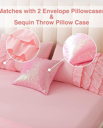 A Nice Night Waterfall Flutter Ruffle Comforter Set,Ruffled Textured Soft Chic Princess 6pcs Bedding Set,with Bling Shiny Sequin Throw Pillow Case,Pink,Queen - LeafyLoom