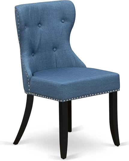 East West Furniture AMSI5-BCH-21 Antique 5 Piece Room Furniture Set Includes a Round Kitchen Table with Pedestal and 4 Blue Linen Fabric Parsons Dining Chairs, 36x36 Inch - LeafyLoom
