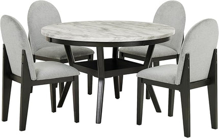 RITSU 5 Piece Round Set, Solid Wood Dining Table with Storage Shelf and 4 Upholstered Chairs, for Kitchen Farmhouse, Apartment, Restaurant, Gray - LeafyLoom