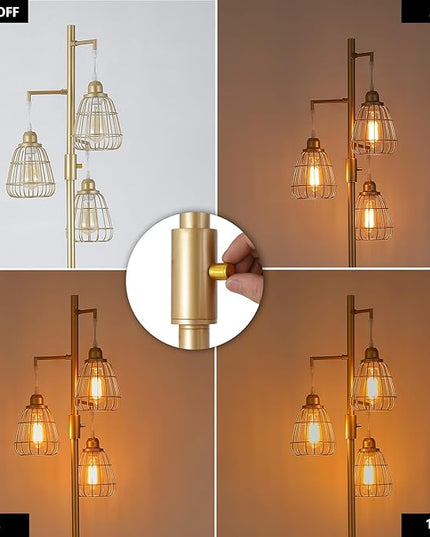 9MMML Golden Dimmable Floor Lamp,Industrial Farmhouse Tall Standing Floor Lamp for Living Room, Bedroom, Corner,Office,Gold 3 Teardrop Cage Lampshade,68”Height,3 LED Bulb Included - LeafyLoom