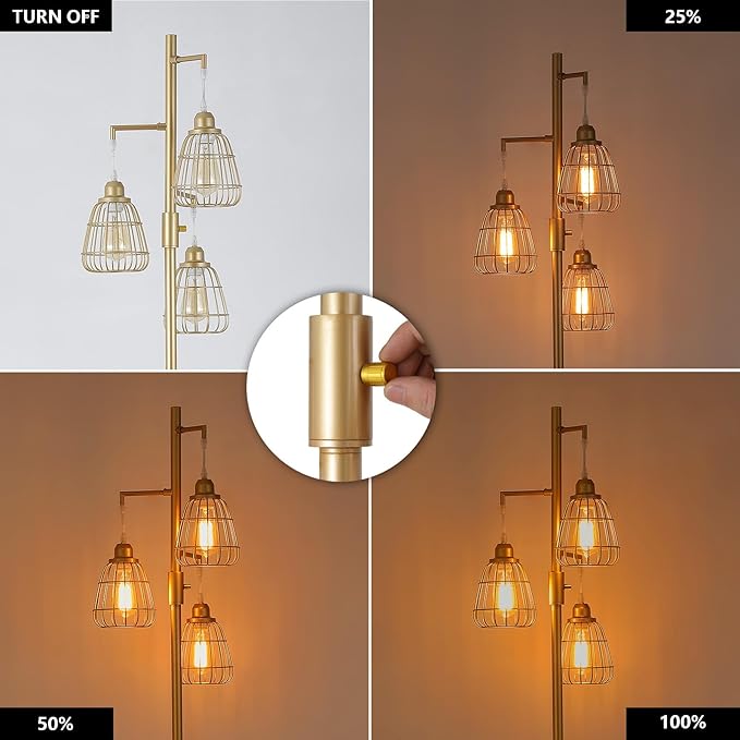 9MMML Golden Dimmable Floor Lamp,Industrial Farmhouse Tall Standing Floor Lamp for Living Room, Bedroom, Corner,Office,Gold 3 Teardrop Cage Lampshade,68”Height,3 LED Bulb Included - LeafyLoom