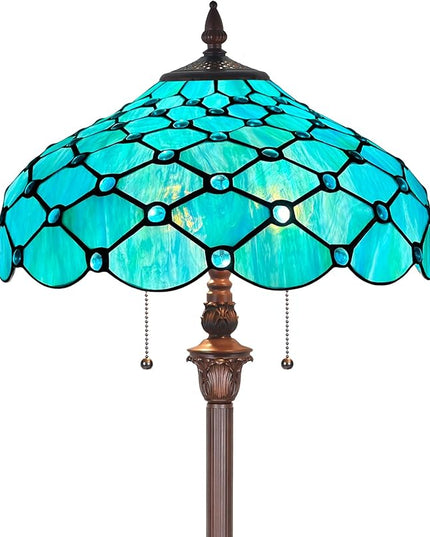 Capulina Tiffany Floor Lamp 2-Light 16X16X63 Inches Seagrass Blue Beads Style Stained Glass Standing Reading Light for Living Room Bedroom Home Office - LeafyLoom