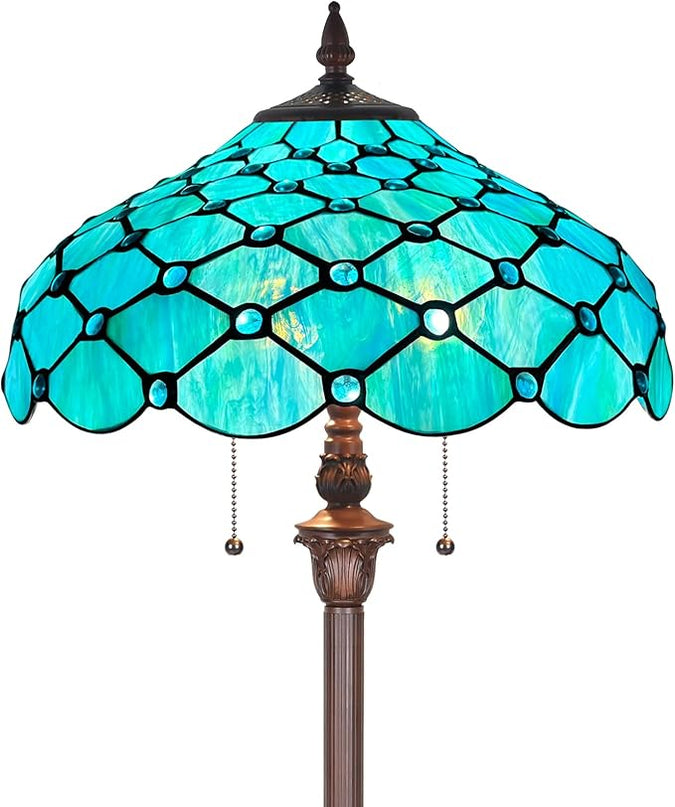 Capulina Tiffany Floor Lamp 2-Light 16X16X63 Inches Seagrass Blue Beads Style Stained Glass Standing Reading Light for Living Room Bedroom Home Office - LeafyLoom