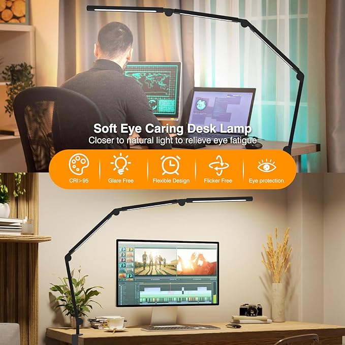 LED Desk Lamp with Clip, Multi-Angle Flexible 4-Segment 3-Light Source Office Desk Lamp, Clip-on Eye-Care 4 Color Temperature Modes&5 Brightness, Table Lamp for Home Office Studio Study Nail - LeafyLoom