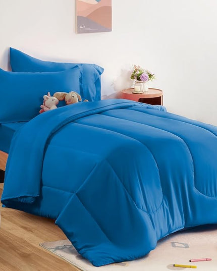 SLEEP ZONE Kids Twin Bedding Comforter Set - Super Cute & Soft Kids Bedding 5 Pieces Set with Comforter, Sheet, Pillowcase & Sham (Blue) - LeafyLoom