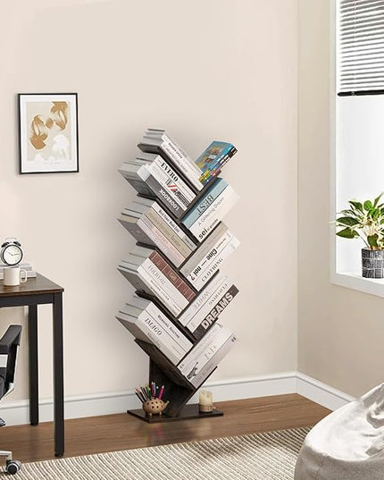 10 Tier Tree Book Shelf, Floor Standing Wood Bookshelf for Narrow Space, Storage Organizer Bookshelves for Books/CDs/Magazine, Bookcase with Shelves for Home Office, Living Room - Dark Grey - LeafyLoom