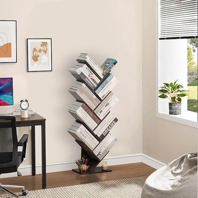 10 Tier Tree Book Shelf, Floor Standing Wood Bookshelf for Narrow Space, Storage Organizer Bookshelves for Books/CDs/Magazine, Bookcase with Shelves for Home Office, Living Room - Dark Grey - LeafyLoom