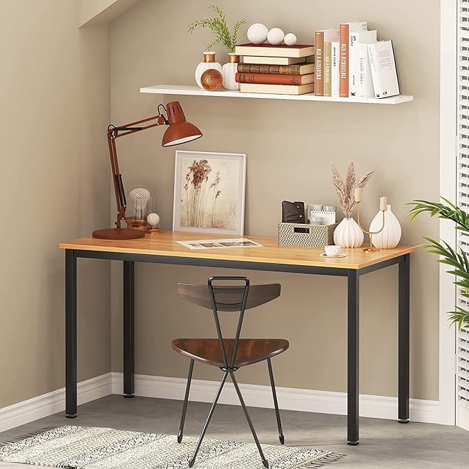 SogesGame Teak Home Office Desk, 55 inch Modern Simple Computer Desk，Writing Study Corner Desk Laptop Table, Easy to Assemble - LeafyLoom
