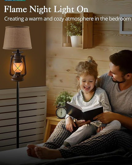 LEDIARY LED Flashing Flame Night Lantern Farmhouse Floor Lamp for Living Room, Rustic Standing Lamp with Beige Linen Drum Lampshade, Lantern Floor Lamps for Bedroom Home Decor - LeafyLoom