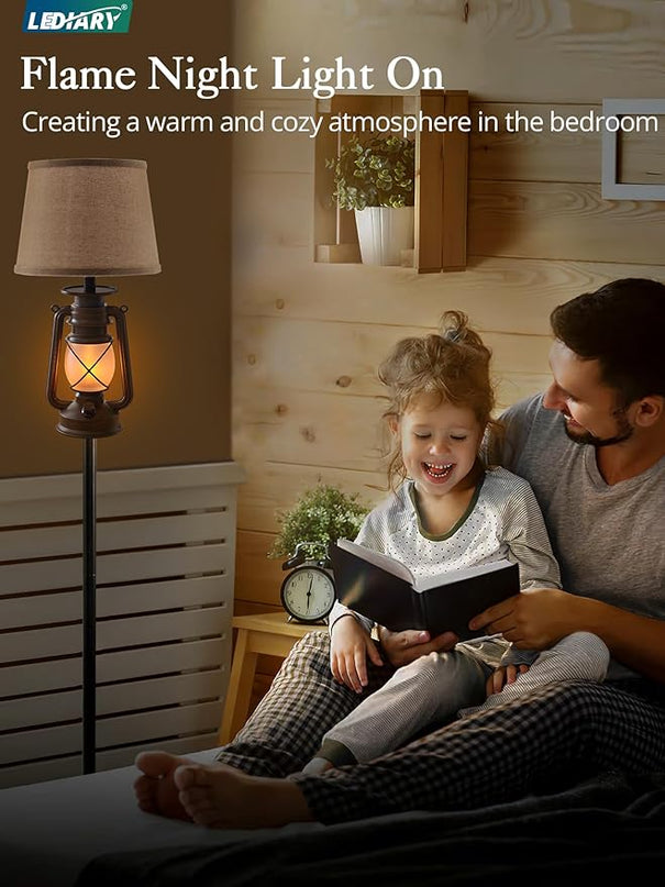 LEDIARY LED Flashing Flame Night Lantern Farmhouse Floor Lamp for Living Room, Rustic Standing Lamp with Beige Linen Drum Lampshade, Lantern Floor Lamps for Bedroom Home Decor - LeafyLoom