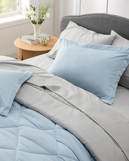 Bedsure Sky Blue Full Size Comforter Set - 7 Pieces Reversible Full Bed in a Bag Full Bed Set with Comforters, Sheets, Pillowcases & Shams, Full Bedding Sets - LeafyLoom