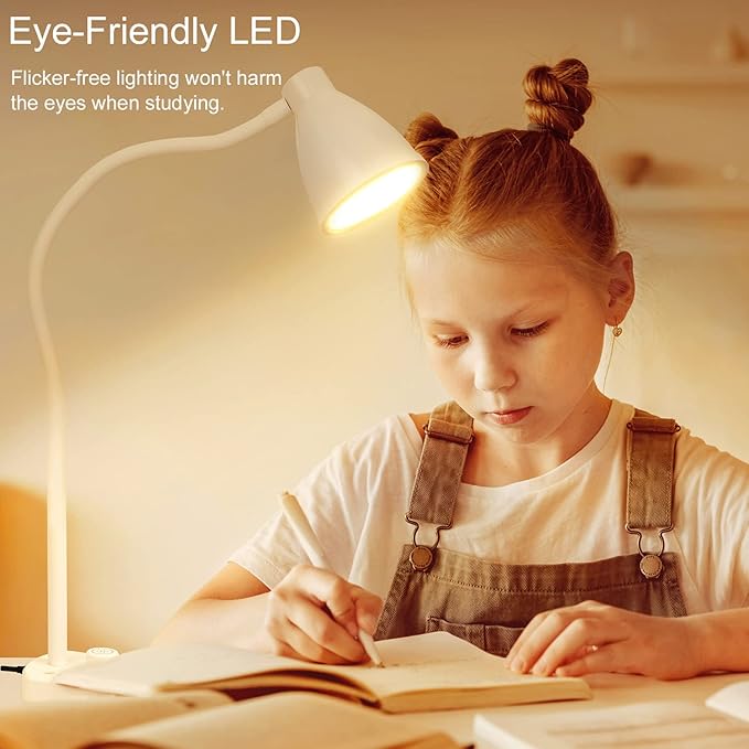 BOHON LED Desk Lamp with USB Charging Port, 3 Color Modes Dimmable Reading Lamp, Auto Dimming Task Lamp, Flexible Gooseneck Table Light for Dorm Bedside, Adapter Include, White - LeafyLoom
