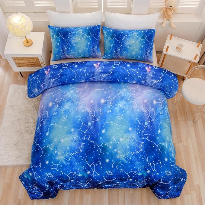 Holawakaka Tie Dye Constellation Print Ombre Comforter Set Twin Size Girls Boys Gradient Galaxy Bedding Set (Cyan,Twin) - LeafyLoom