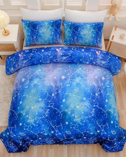 Holawakaka Tie Dye Constellation Print Ombre Comforter Set Full Size Girls Boys Gradient Galaxy Bedding Set (Cyan,Full) - LeafyLoom
