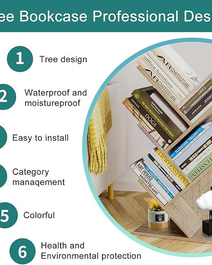Tree Bookshelf, 5 -Tier Book Storage Organizer Shelves Floor Standing Bookcase, Wood Storage Rack for Office Home School Shelf Display for Cd/Magazine (French Oak Grey) - LeafyLoom