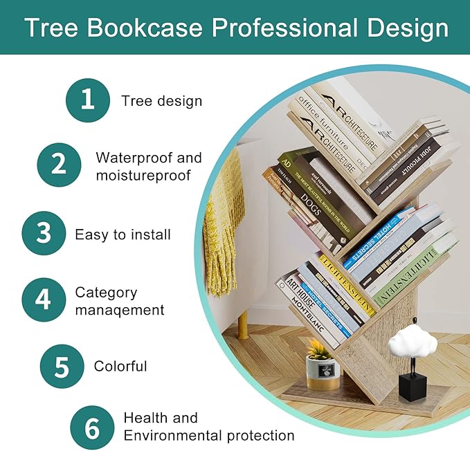 Tree Bookshelf, 5 -Tier Book Storage Organizer Shelves Floor Standing Bookcase, Wood Storage Rack for Office Home School Shelf Display for Cd/Magazine (French Oak Grey) - LeafyLoom