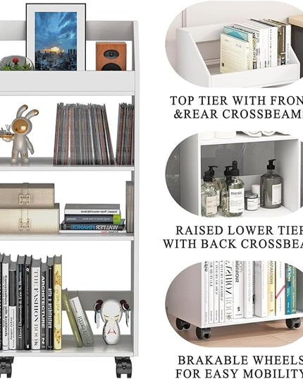4-Tier Mobile Bookshelf, White Bookcase with Wheels, Rolling File Holder Desk File Book Organizer for Home Office Living Room School - LeafyLoom