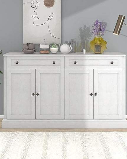 60" Sideboard Storage Buffet Cabinet with 2 Drawers,Wooden Console Table,W/ 4 Doors,Adjustable Shelves,Not Easy to Deform,for Dining Room/Kitchen/Entryway,Antique White - LeafyLoom