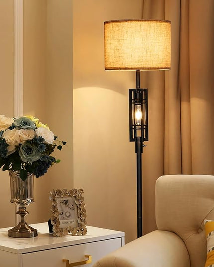 SURAIELEC Farmhouse Floor Lamp with LED Nightlight Bulb, Rustic Tall Lamps for Cabin, Traditional Standing Lamps for Bedroom, Beige Linen Drum Shade, Oil Rubbed Bronze Finish, Foot Switch - LeafyLoom