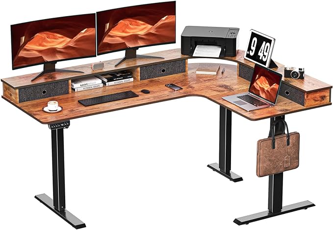 67 Inch L Shaped Electric Standing Desk with 4 Drawers, Height Adjustable Corner Desk with Monitor Stand for Home Office, Rustic Brown - LeafyLoom