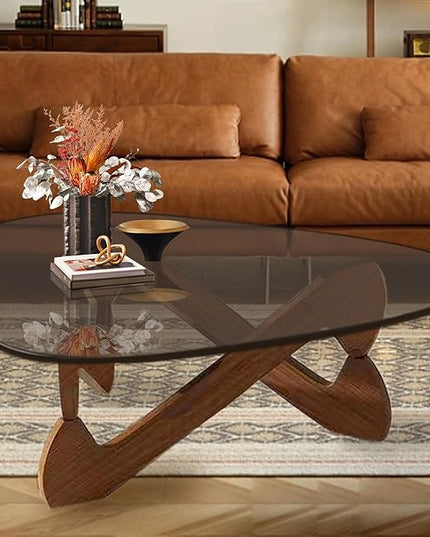Triangle Coffee Table Glass Coffee Table for Living Room Clear Glass Coffee Table with Solid Wood Base Mid Century Modern Coffee Table for Small Spaces (Walnut-Gray, 44.9in) - LeafyLoom