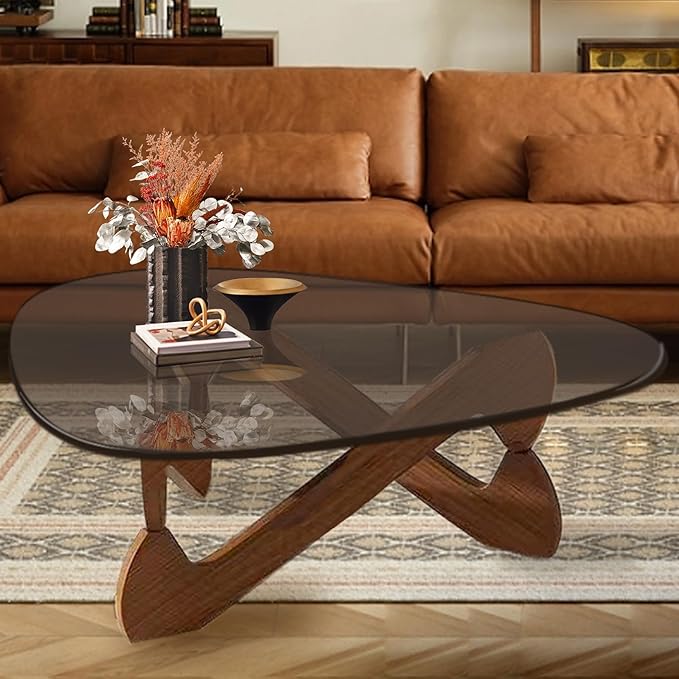 Triangle Coffee Table Glass Coffee Table for Living Room Clear Glass Coffee Table with Solid Wood Base Mid Century Modern Coffee Table for Small Spaces (Walnut-Gray, 32.3in) - LeafyLoom