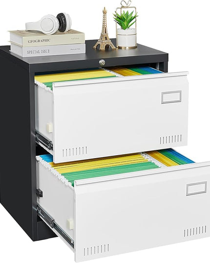 2 Drawer Metal Lateral Lock and Card Holder,Office Vertical Files Storage Cabinets w/Heavy 3 Section Slide Rail & Breathable Holes,for Legal/Letter/A4,Black+White - LeafyLoom