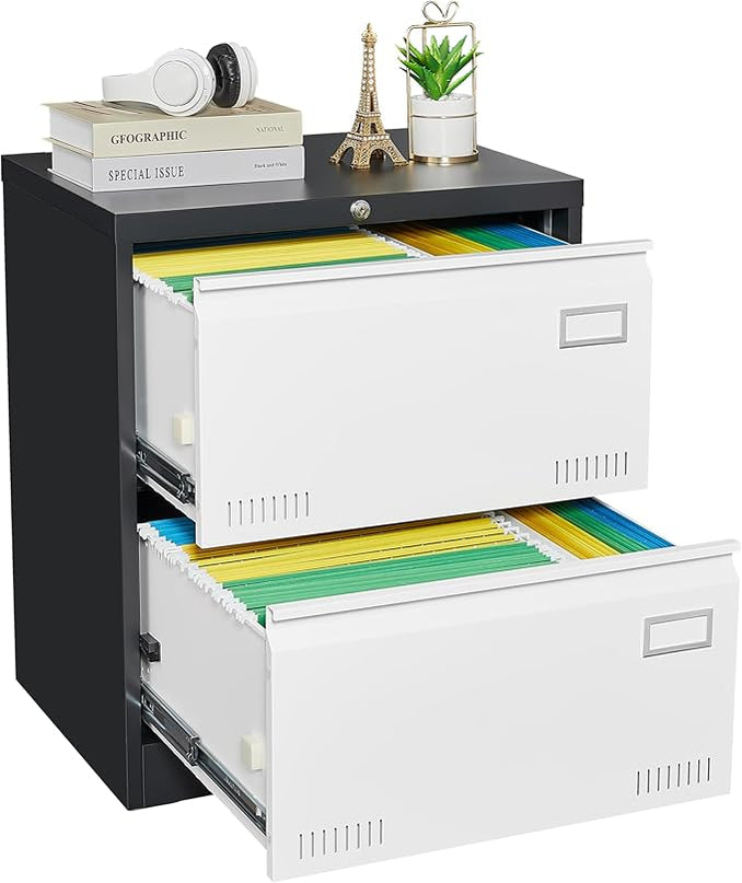2 Drawer Metal Lateral Lock and Card Holder,Office Vertical Files Storage Cabinets w/Heavy 3 Section Slide Rail & Breathable Holes,for Legal/Letter/A4,Black+White - LeafyLoom