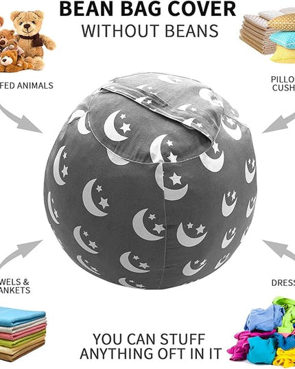 2 PCS Stuffed Animal Storage Bean Bag Chair Cover, Cotton Canvas Beanbag with Zipper for Organizing Kid's and Adults Room Stars Moon 24" - LeafyLoom