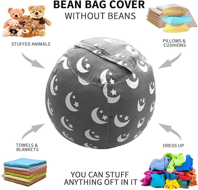 2 PCS Stuffed Animal Storage Bean Bag Chair Cover, Cotton Canvas Beanbag with Zipper for Organizing Kid's and Adults Room Stars Moon 24" - LeafyLoom